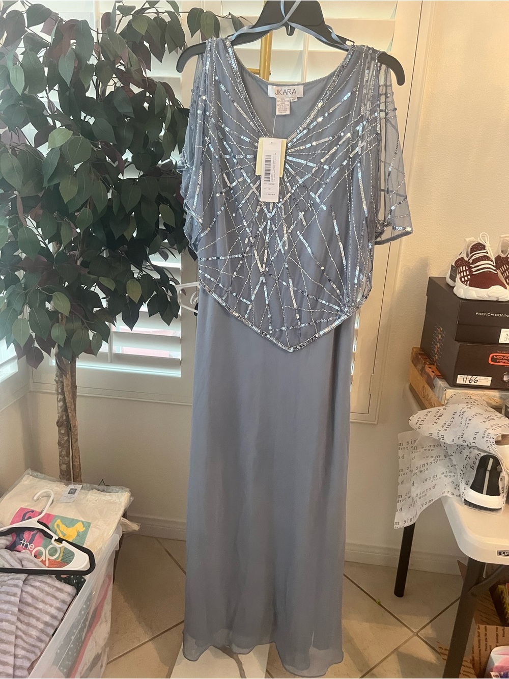 J Kara Silver-Gray Beaded Maxi Dress